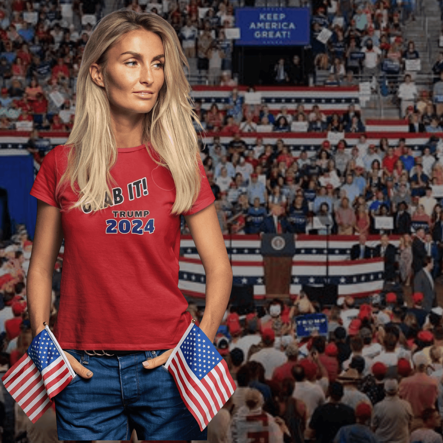 Rally Fitted T-Shirt, Grab It! Trump 2024, in 'Patriot Red'