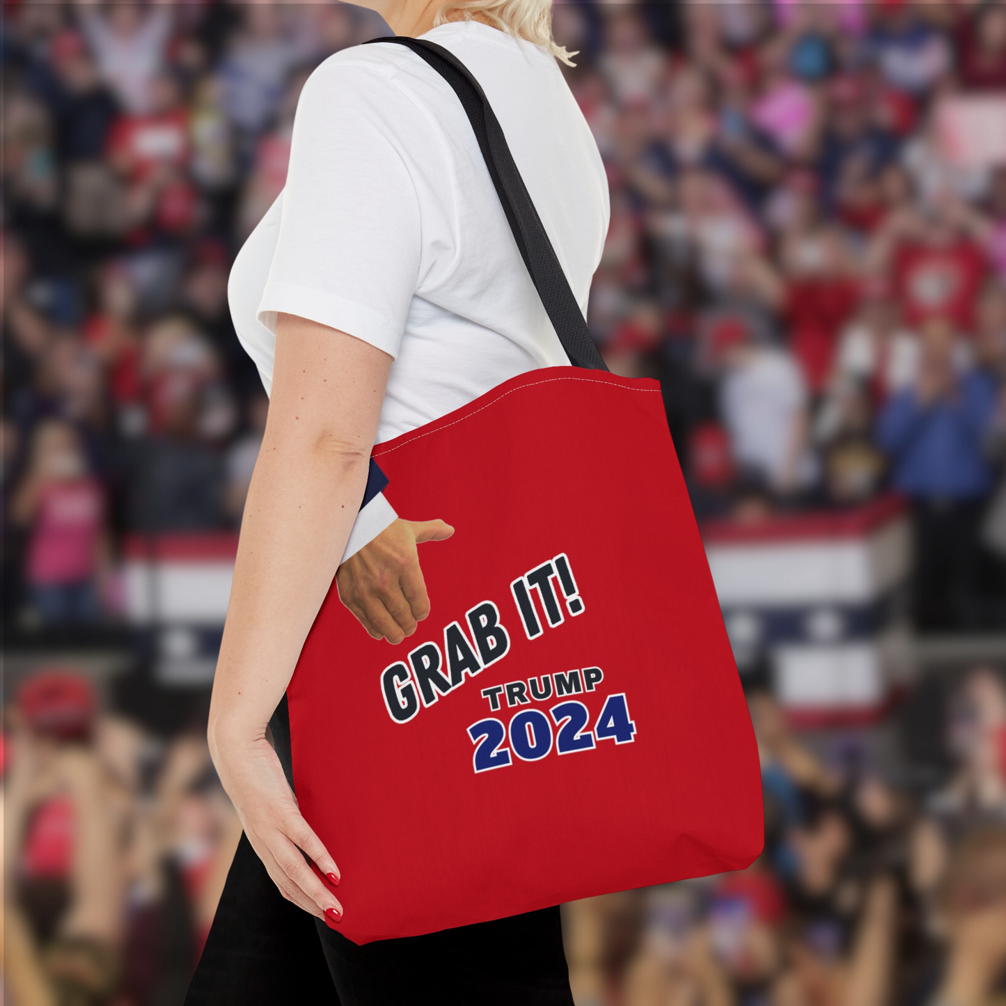 "Grab It! Trump 2024” Rally Tote Bag, Patriot Red, 16"x 16"